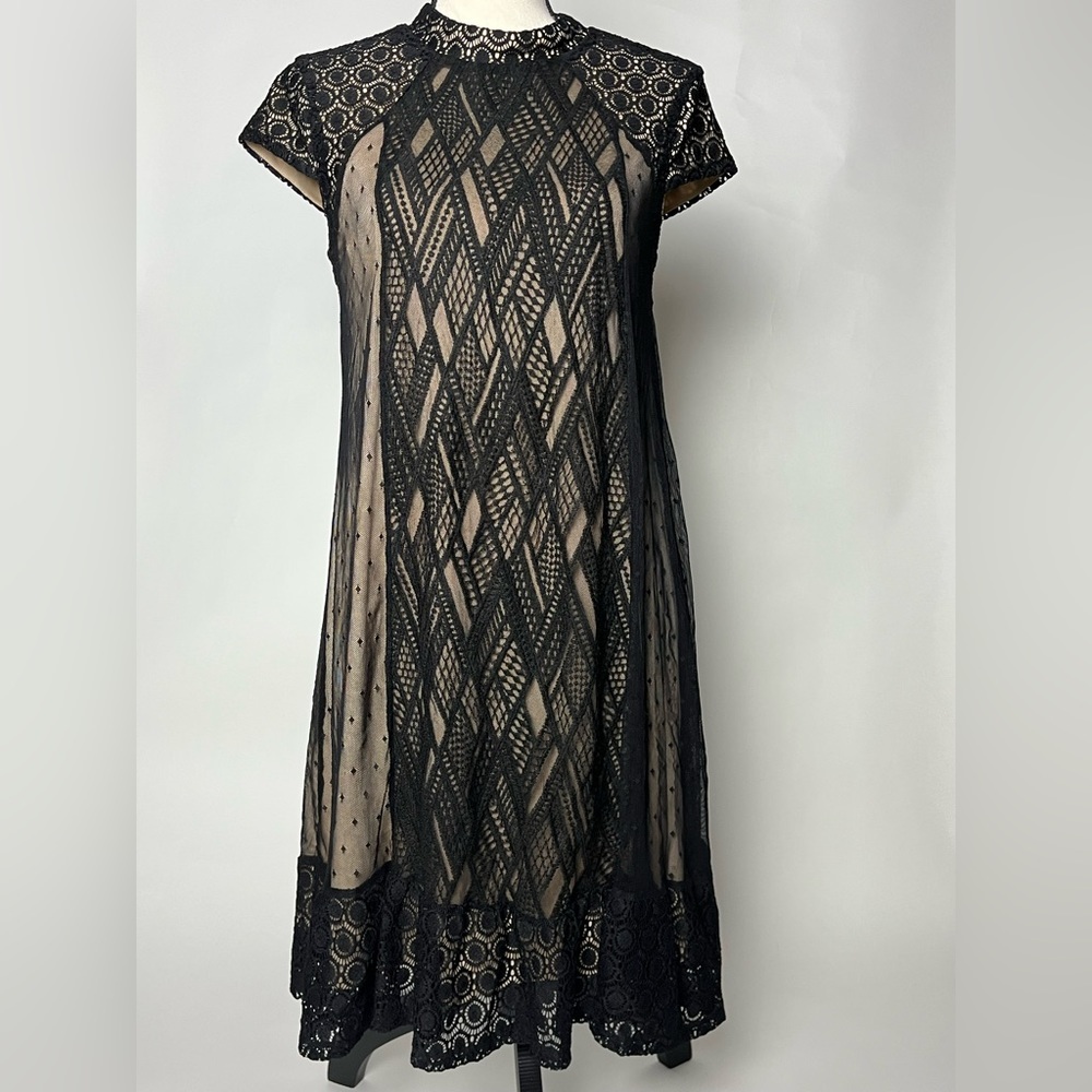 AUW - delicate A-line black dress with sheer overlay and beige lining - size 6
